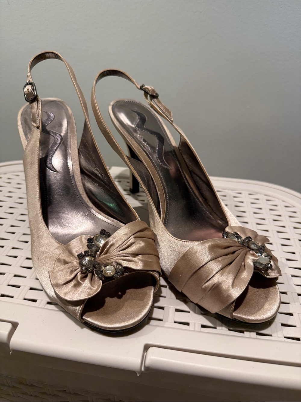 Nina Champagne Satin Slingback Heels with Crystal Accent